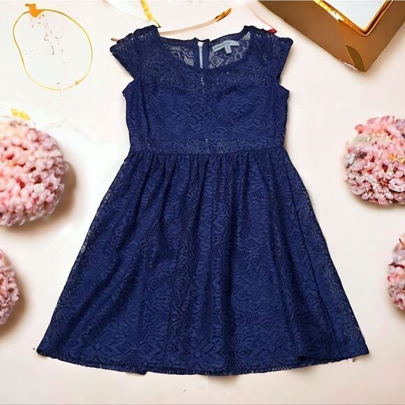 Bailey Blue Navy Lace Overlay Cap Sleeve Fit & Flare Skater Dress Small Boho - Picture 4 of 8